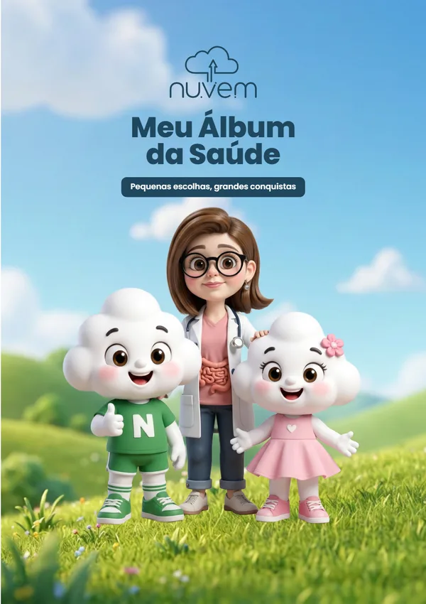 Capa do Meu Álbum da Saúde impresso, com a Dra. Vera Ângelo, a Nuvenzinha e o Nuvenzinho